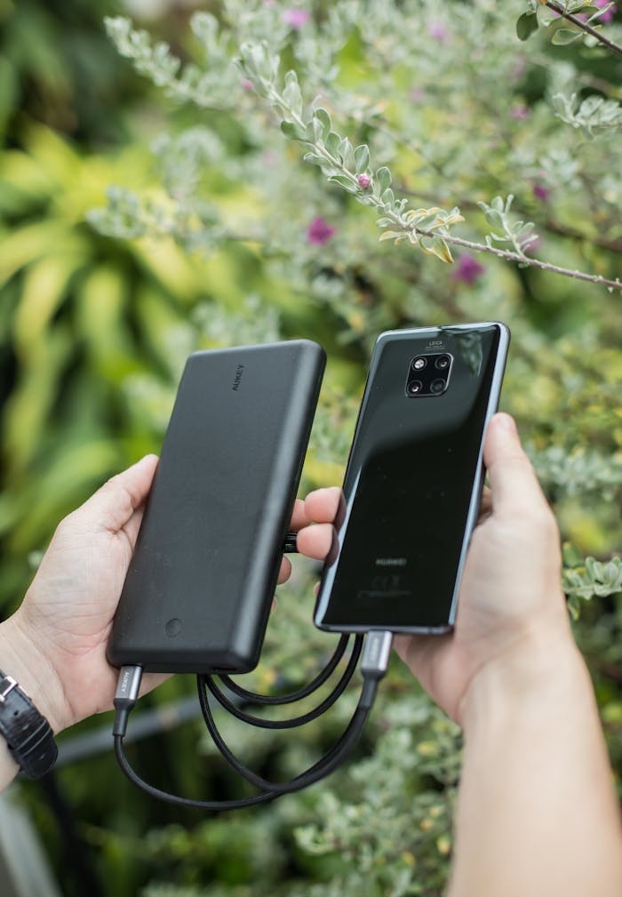 From above of crop unrecognizable person showing modern cellphone connected to power bank near bush